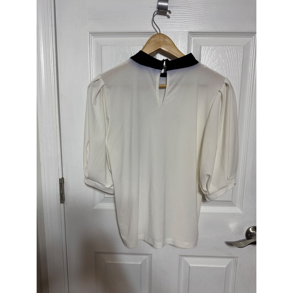 CeCe Ivory Black Tie Neck Puff Sleeve Blouse Keyhole Back Top Medium - Picture 3 of 3